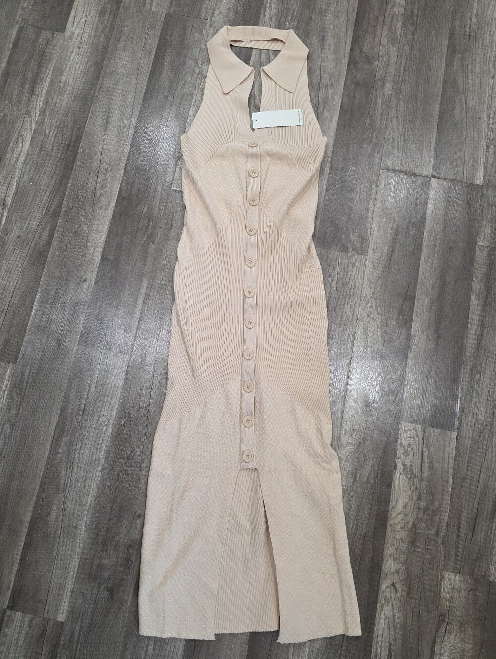 Nwt RIBBED midi Dress Collared Button Knit Midi Beige Corpcore Academia Y2K - Picture 5 of 13